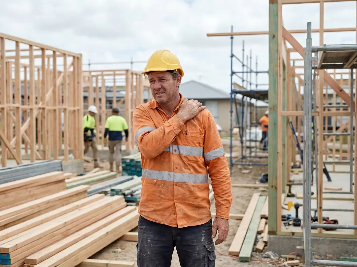 Construction worker holding his shoulder after an injury on a building site