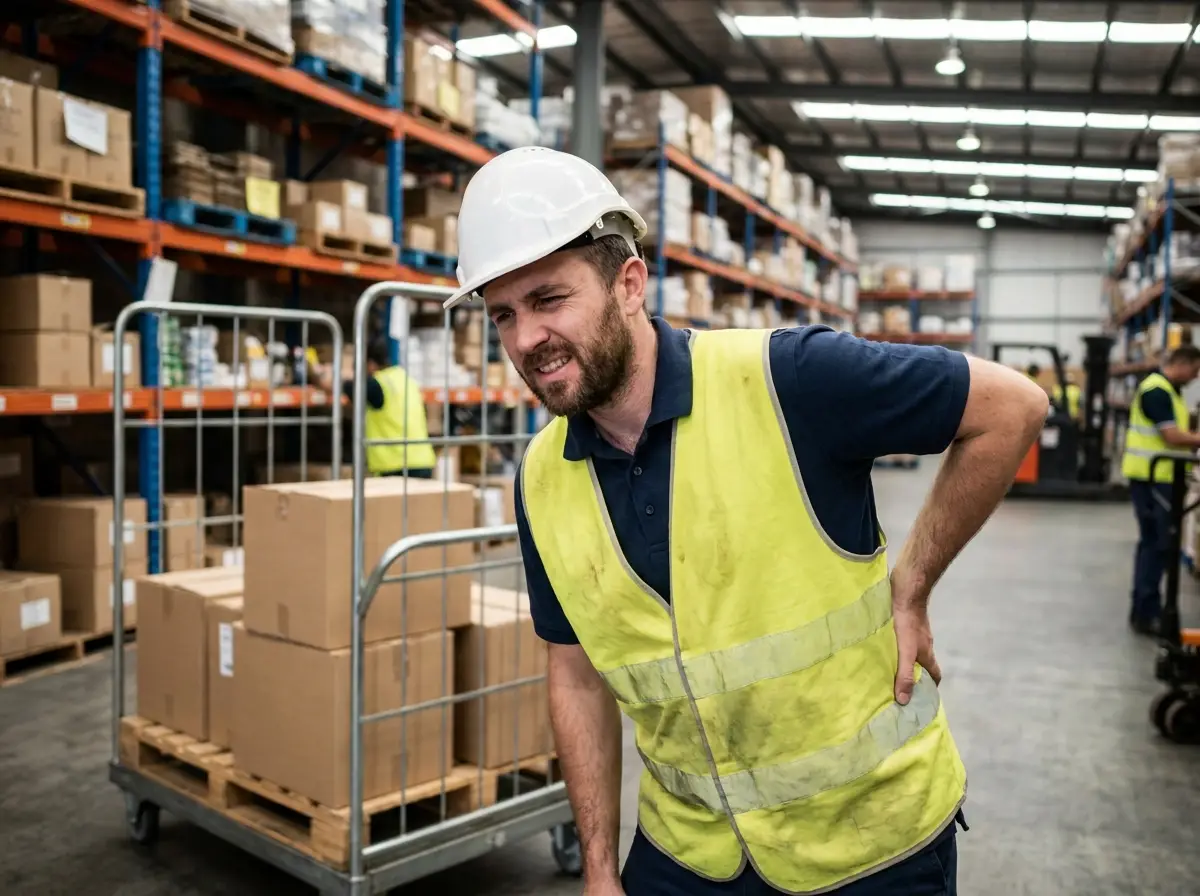 Worker in hi-vis holding his lower back after a workplace injury